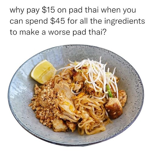 En skål med pad thai visas, åtföljd av en humoristisk text som ifrågasätter varför man skulle betala $15 för pad thai när man kan spendera $45 på ingredienser för att laga en sämre version hemma. (Captioned by AI)