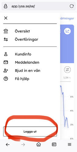 En mobilmeny från en app med alternativ som "Översikt," "Överföringar," och "Logga ut," där "Logga ut" är markerat med en röd cirkel. (Captioned by AI)