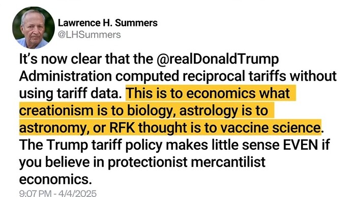 Ett Twitter-inlägg av Lawrence H. Summers kritiserar Trump-administrationens tariffpolicy och jämför den med pseudovetenskap inom olika områden. (Captioned by AI)