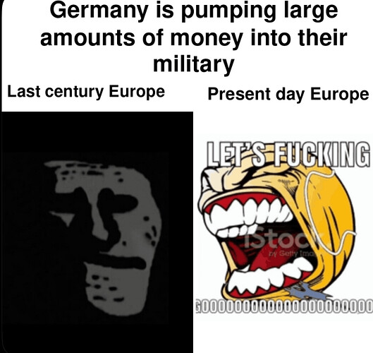 Memet visar Europas reaktioner på Tysklands militärutgifter: "Last century Europe" ser oroad ut, medan "Present day Europe" är entusiastisk och glad. (Captioned by AI)