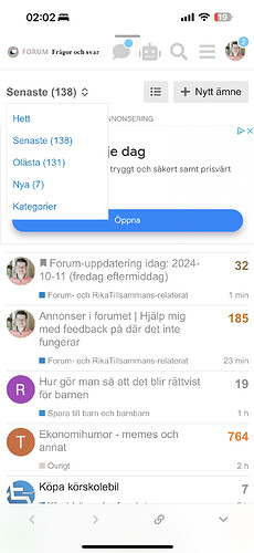 Ett forumgränssnitt visas på en mobilskärm med en lista över senaste inlägg och kategorier som "Forum- och RikaTillsammans-relaterat" och "Övrigt". (Captioned by AI)