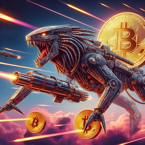 i want a preditor animal constructed by machines in a futuristic war shooting bitcoin missiles