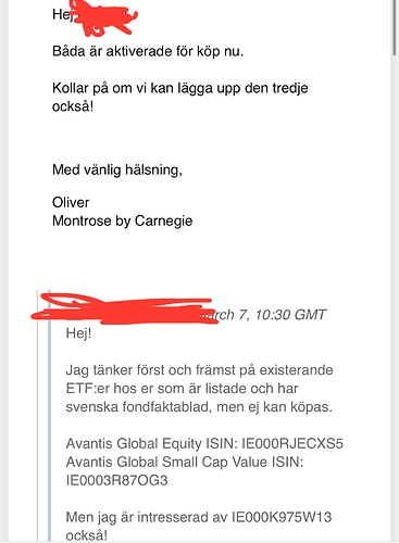 Ett e-postmeddelande där avsändaren informerar mottagaren om att två ETF:er är aktiverade för köp och att de undersöker möjligheten att lägga till en tredje. (Captioned by AI)