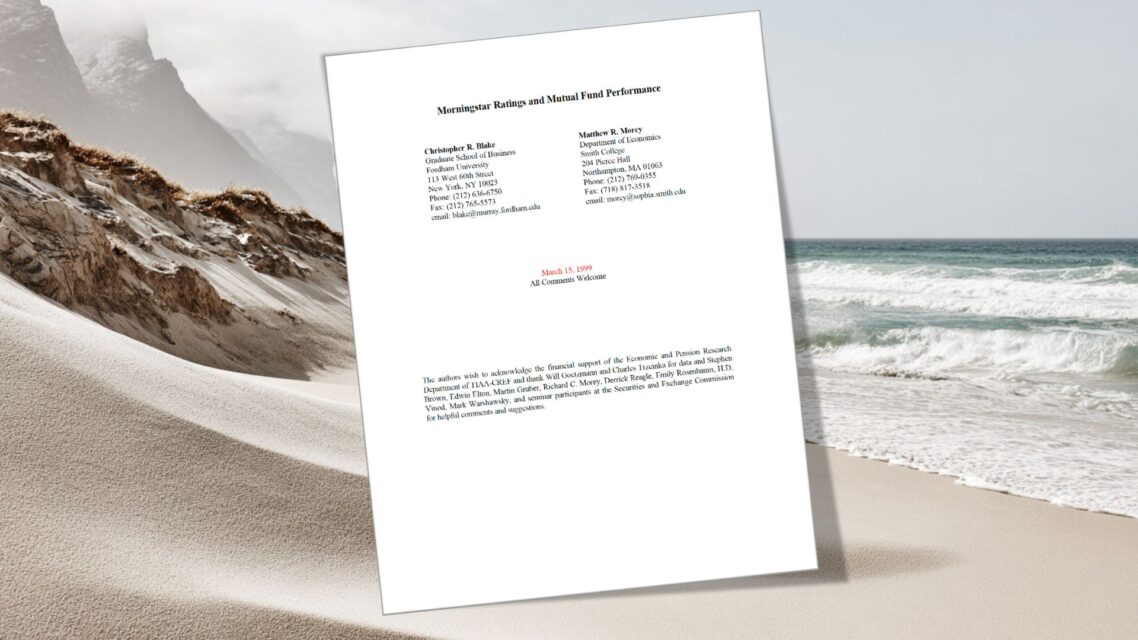 Blake, Christopher R. and Morey, Matthew R., Morningstar Ratings and Mutual Fund Performance (March 15, 1999). Available at SSRN: https://ssrn.com/abstract=168668