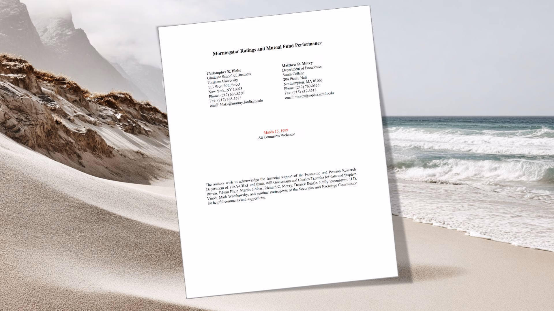 Blake, Christopher R. and Morey, Matthew R., Morningstar Ratings and Mutual Fund Performance (March 15, 1999). Available at SSRN: https://ssrn.com/abstract=168668